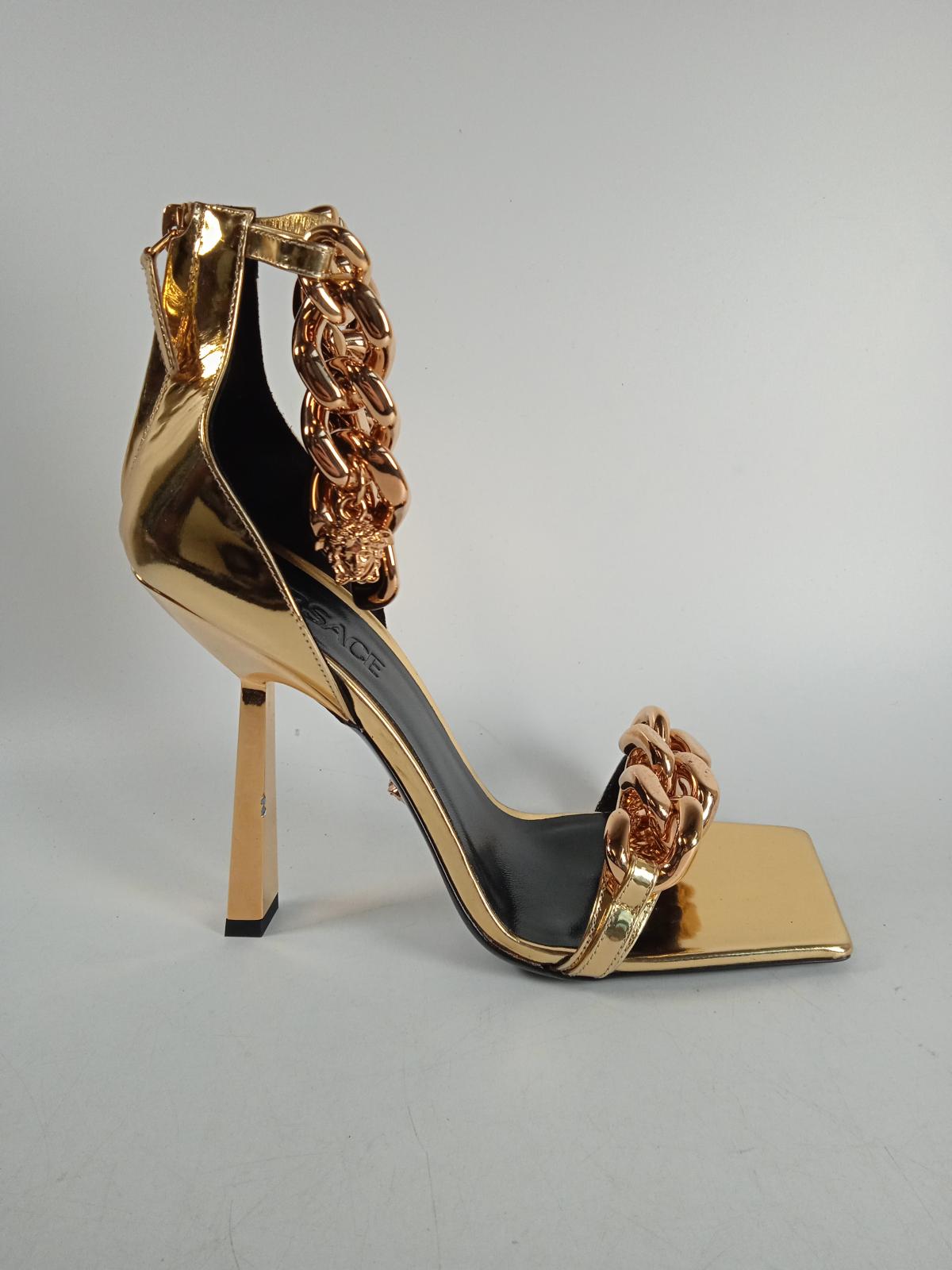 VERSACE Ladies Gold Calf Leather Medusa Chain Strap Sandals Size EU40 UK7 NEW