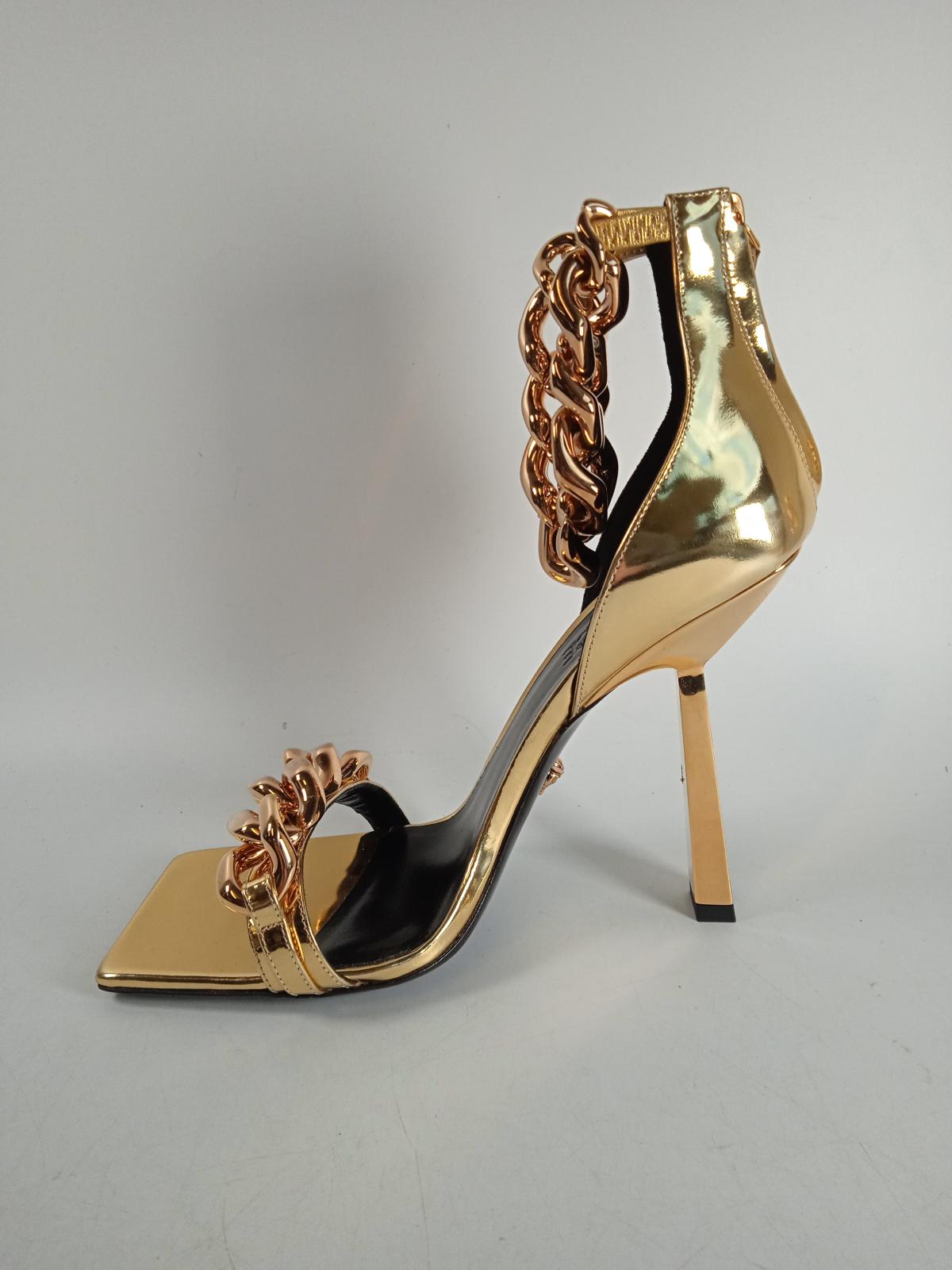 VERSACE Ladies Gold Calf Leather Medusa Chain Strap Sandals Size EU40 UK7 NEW