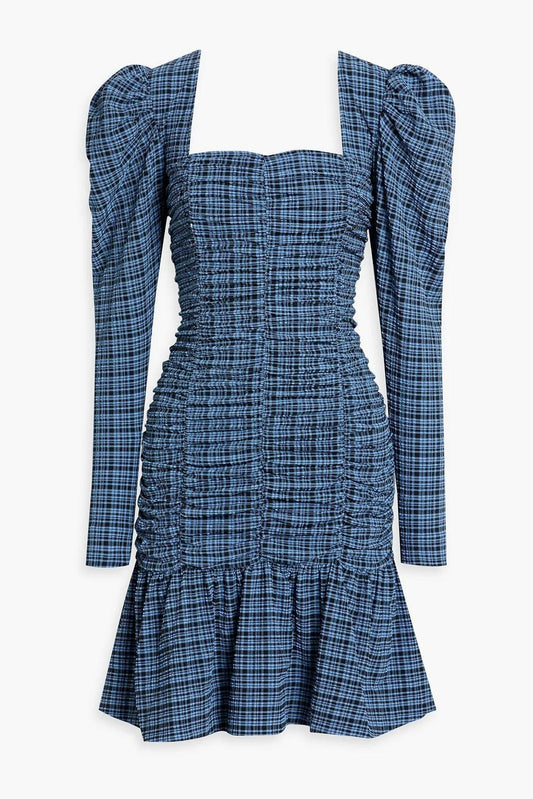 GANNI Seersucker Peplum Square Neck Long Sleeve Midi Dress EU34 UK6 RRP225 BNWT