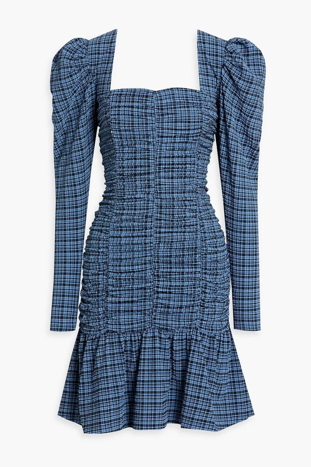 GANNI Seersucker Peplum Square Neck Long Sleeve Midi Dress EU42 UK14 RRP225 BNWT