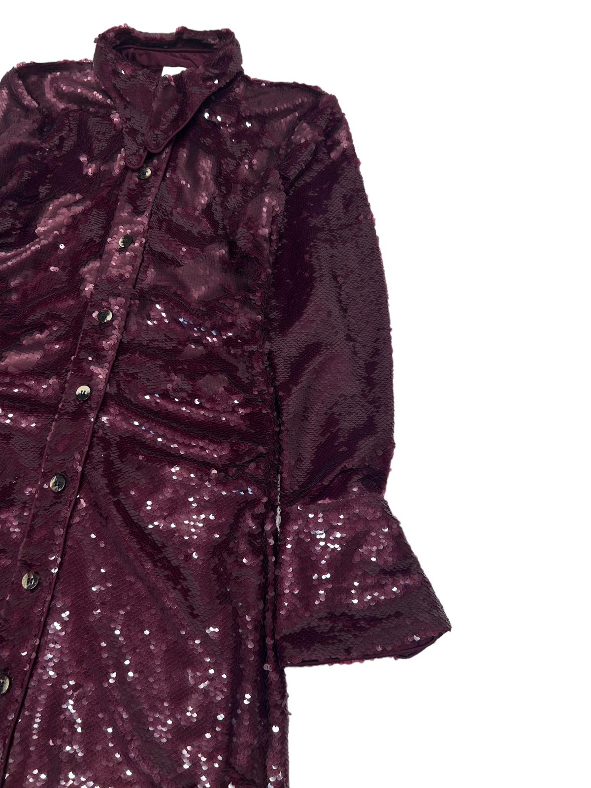 GANNI Sequin Shirt Dress Flare Cuff Mini Dress Burgundy Red EU34 UK6 RRP465 BNWT