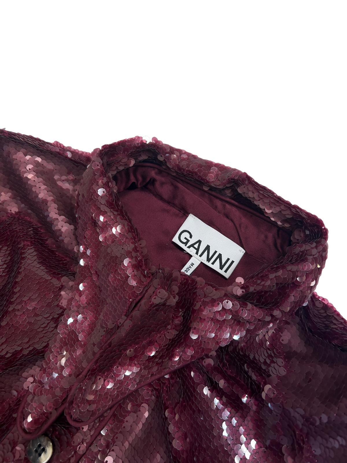 GANNI Sequin Shirt Dress Flare Cuff Mini Dress Burgundy Red EU34 UK6 RRP465 BNWT