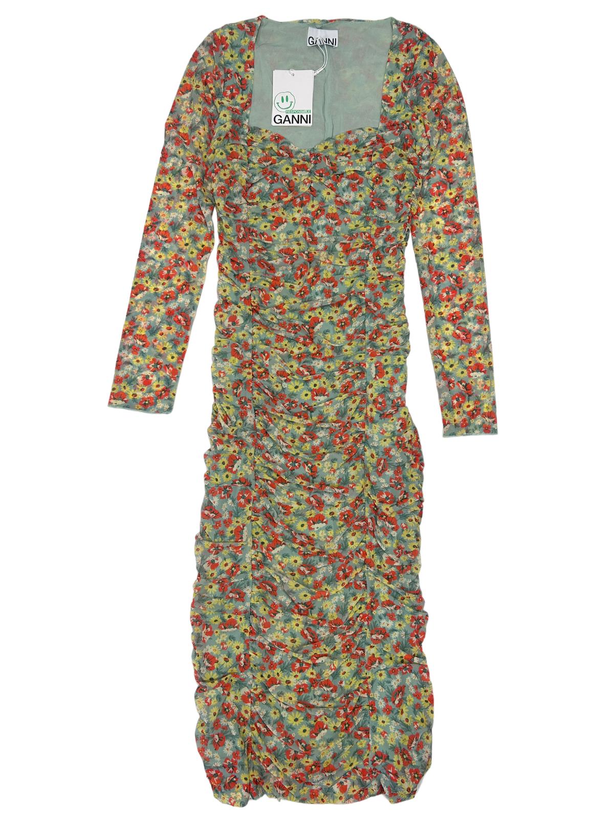 GANNI Ruched Floral Mesh Sweetheart Neck Long Sleeve Dress EU34 UK6 RRP295 BNWT