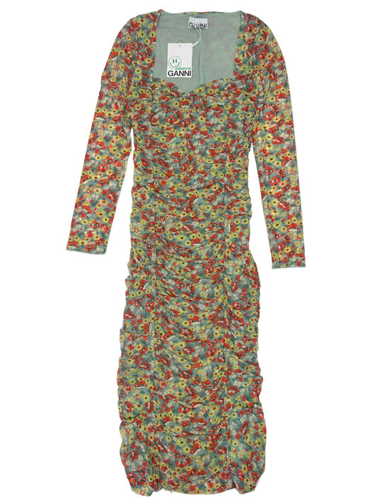 GANNI Ruched Floral Mesh Sweetheart Neck Long Sleeve Dress EU34 UK6 RRP295 BNWT