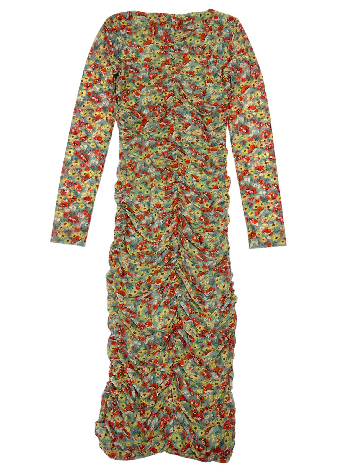 GANNI Ruched Floral Mesh Sweetheart Neck Long Sleeve Dress EU34 UK6 RRP295 BNWT