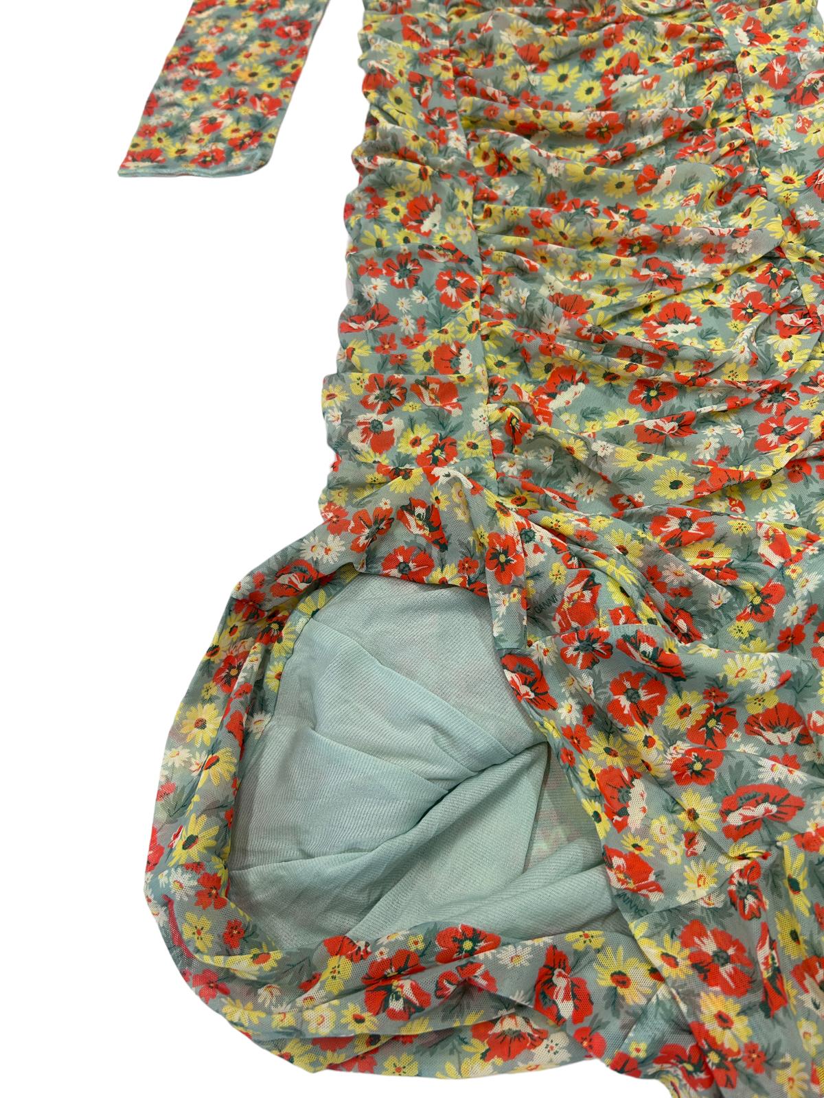 GANNI Ruched Floral Mesh Sweetheart Neck Long Sleeve Dress EU34 UK6 RRP295 BNWT