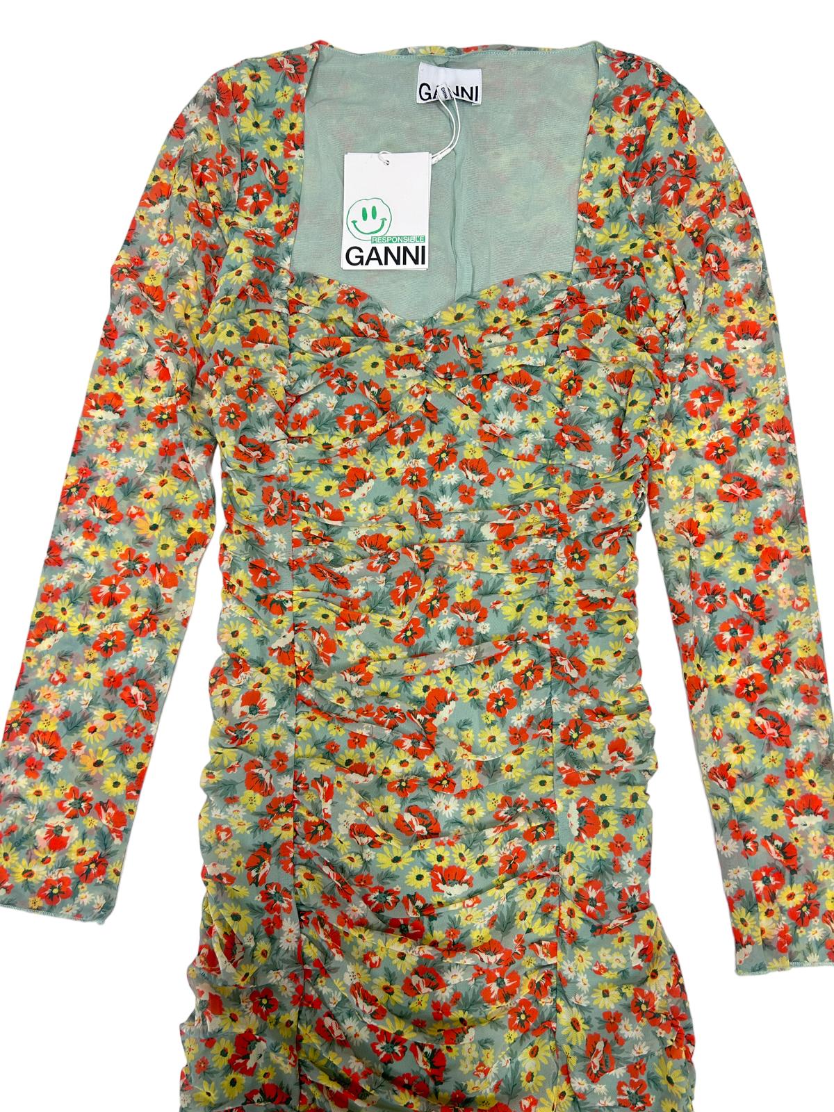 GANNI Ruched Floral Mesh Sweetheart Neck Long Sleeve Dress EU34 UK6 RRP295 BNWT