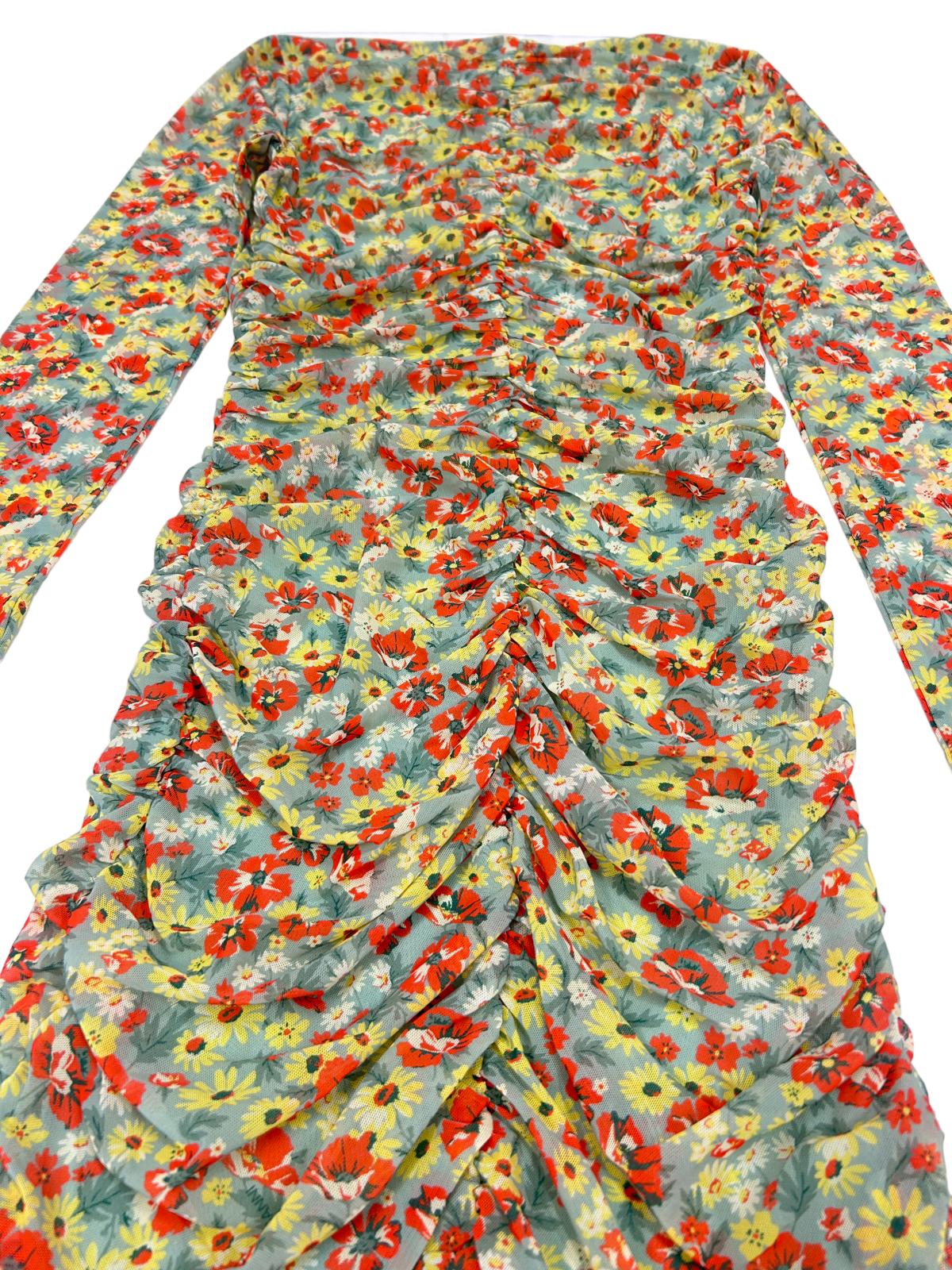 GANNI Ruched Floral Mesh Sweetheart Neck Long Sleeve Dress EU34 UK6 RRP295 BNWT