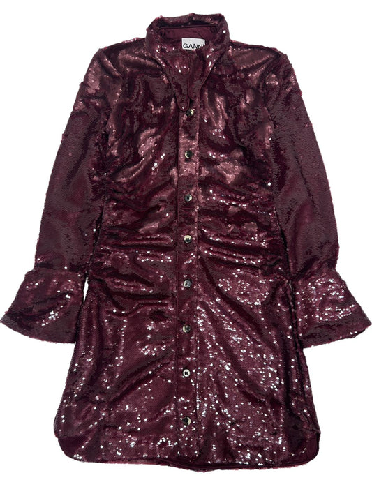 GANNI Sequin Shirt Dress Flare Cuff Mini Dress Burgundy Red EU32 UK4 RRP465 BNWT