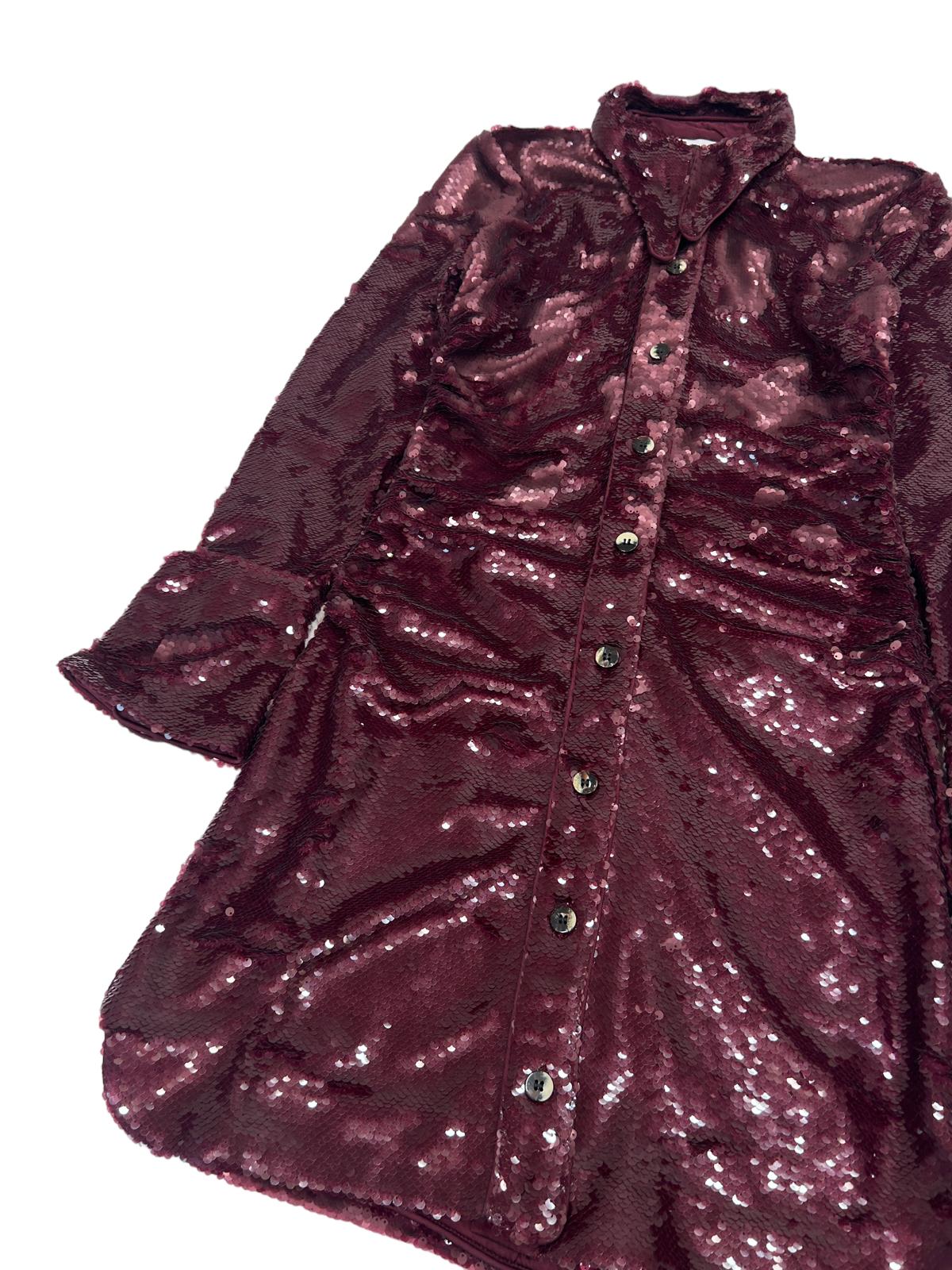 GANNI Sequin Shirt Dress Flare Cuff Mini Dress Burgundy Red EU32 UK4 RRP465 BNWT