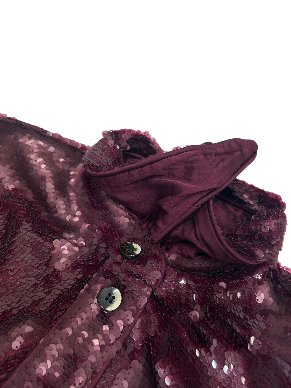 GANNI Sequin Shirt Dress Flare Cuff Mini Dress Burgundy Red EU32 UK4 RRP465 BNWT