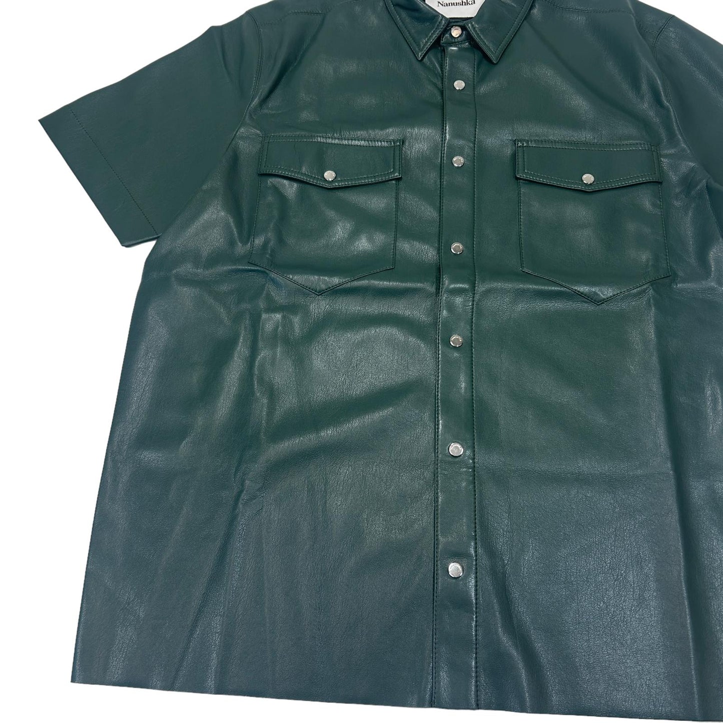NANUSHKA Adam Vegan Leather Short Sleeve Popper Shirt Green M RRP365 BNWT