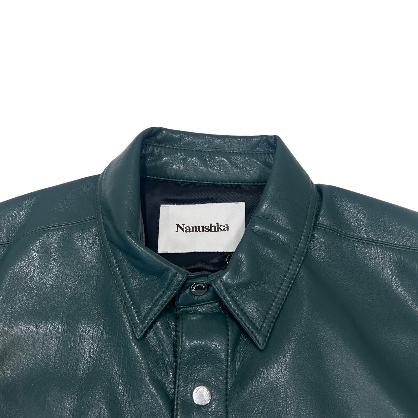 NANUSHKA Adam Vegan Leather Short Sleeve Popper Shirt Green S RRP365 BNWT