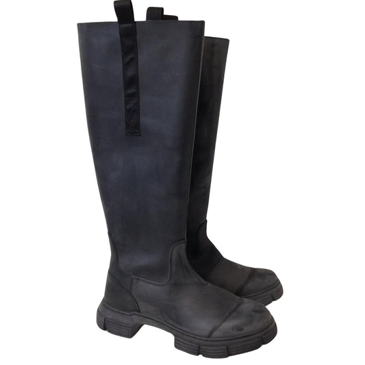GANNI Rubber Knee High Toe Cap Boot Black Aged Ladies EU41 UK7 RRP445 BNIB