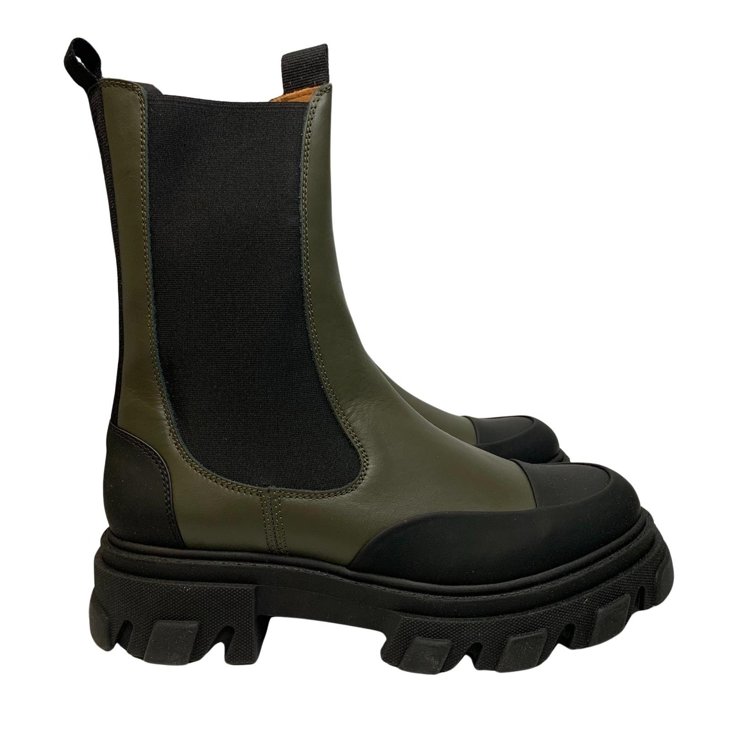 GANNI Ankle Boot Round Rubber Toe Cap Green Leather IT43 UK10 RRP355 BNIB