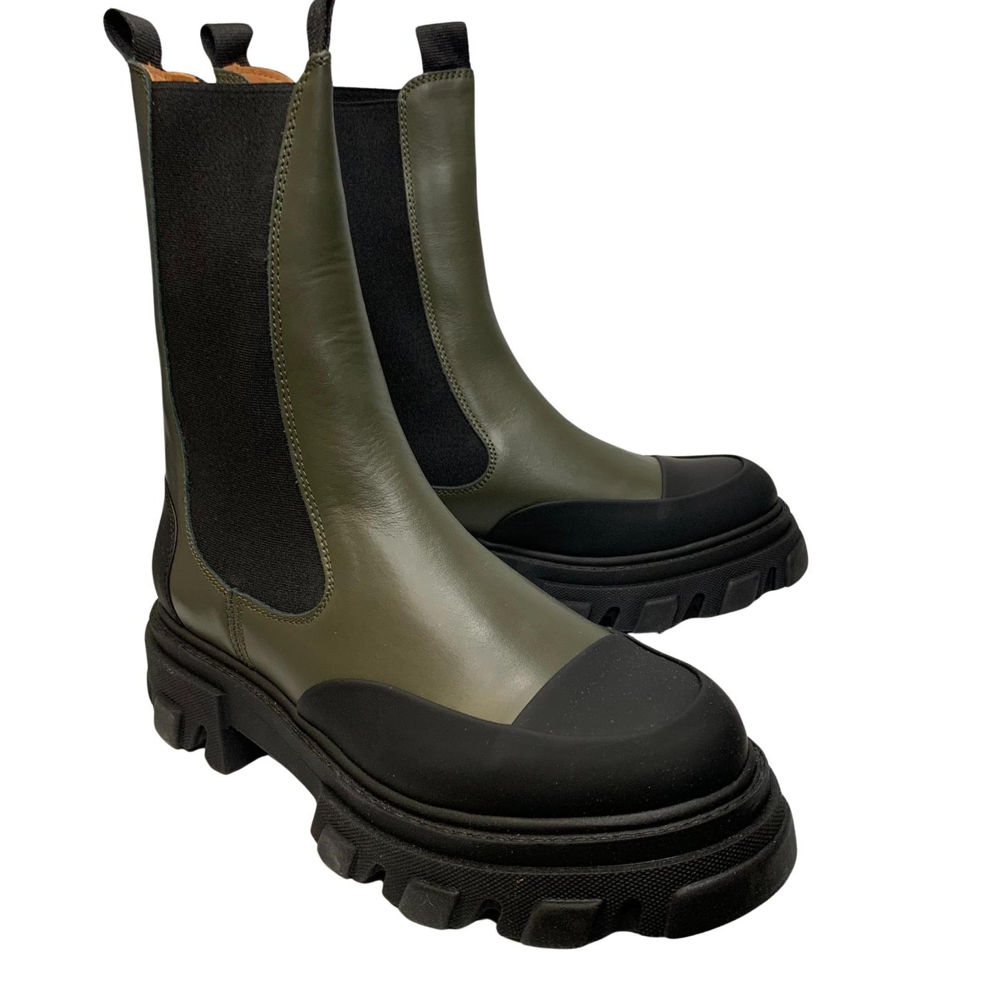 GANNI Ankle Boot Round Rubber Toe Cap Green Leather IT43 UK10 RRP355 BNIB