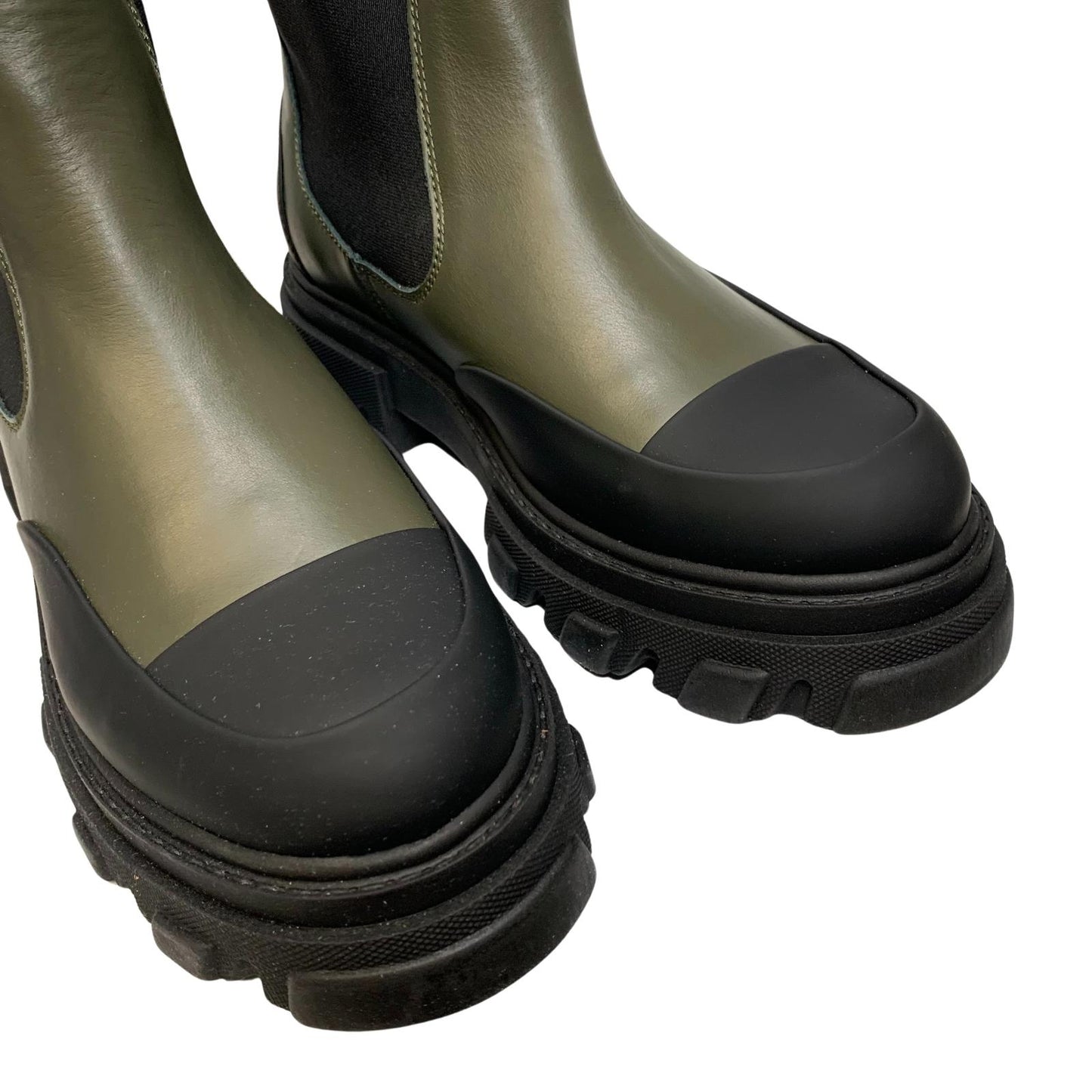 GANNI Ankle Boot Round Rubber Toe Cap Green Leather IT43 UK10 RRP355 BNIB