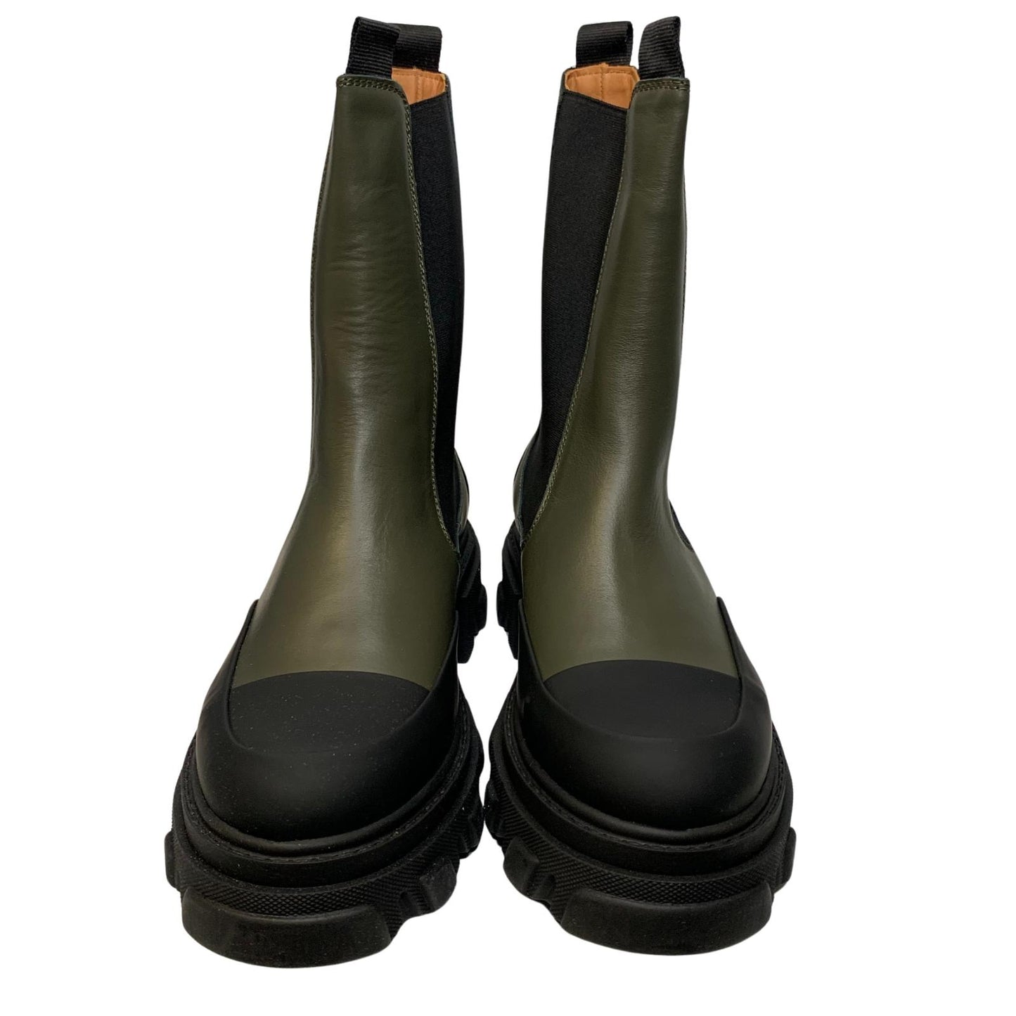 GANNI Ankle Boot Round Rubber Toe Cap Green Leather IT43 UK10 RRP355 BNIB