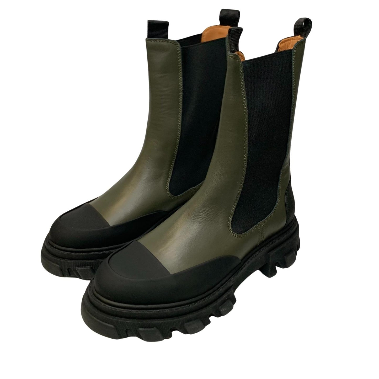 GANNI Ankle Boot Round Rubber Toe Cap Green Leather IT43 UK10 RRP355 BNIB