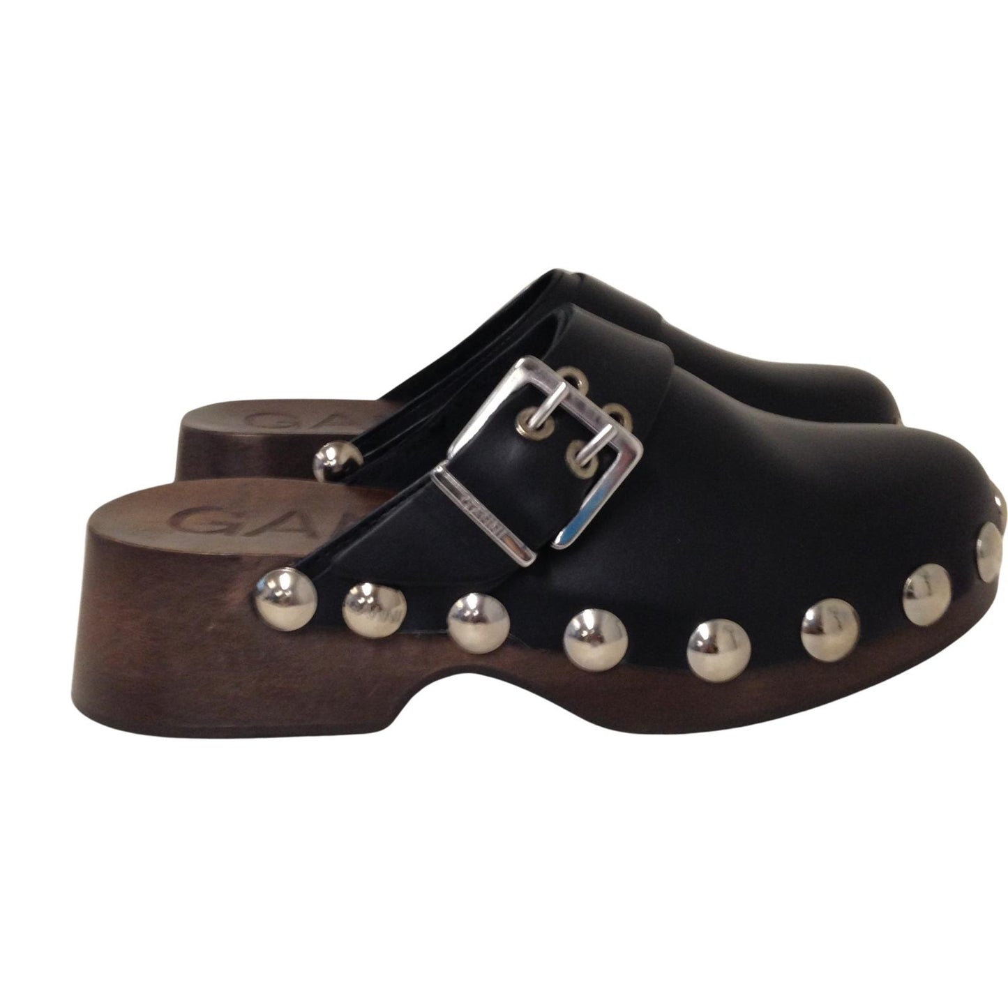 GANNI Studded Clog Flatform Black Leather Wooden Sole Shoe EU37 UK4 RRP295 BNIB