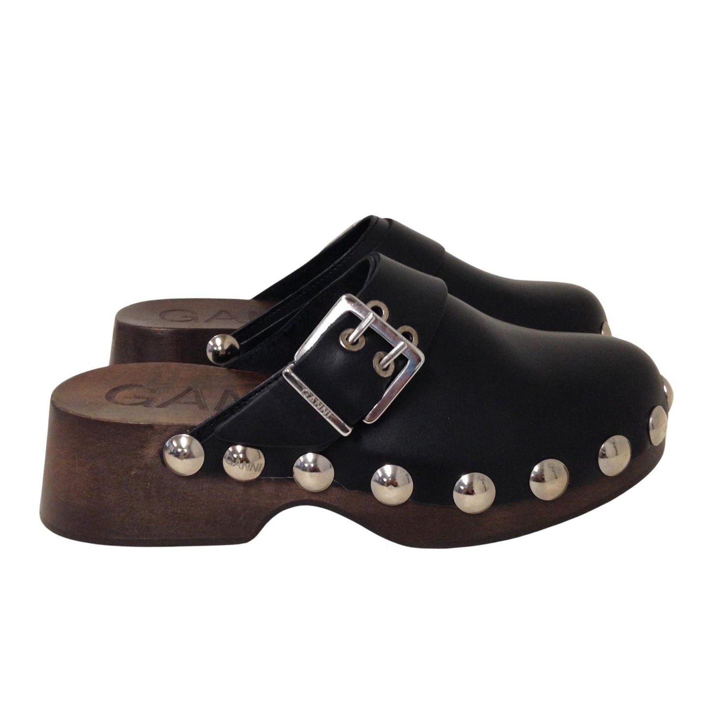GANNI Studded Clog Flatform Black Leather Wooden Sole Shoe EU37 UK4 RRP295 BNIB