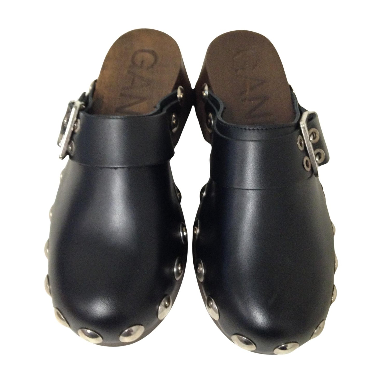 GANNI Studded Clog Flatform Black Leather Wooden Sole Shoe EU37 UK4 RRP295 BNIB