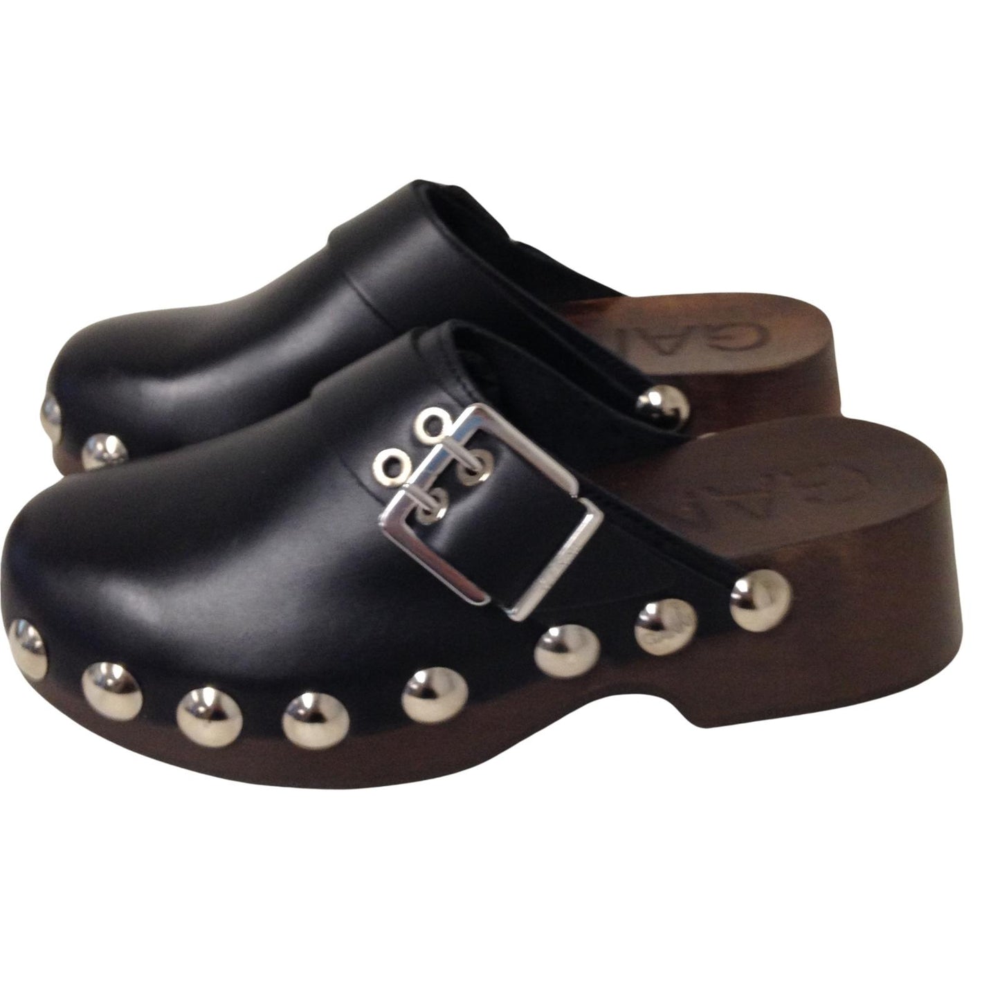 GANNI Studded Clog Flatform Black Leather Wooden Sole Shoe EU37 UK4 RRP295 BNIB