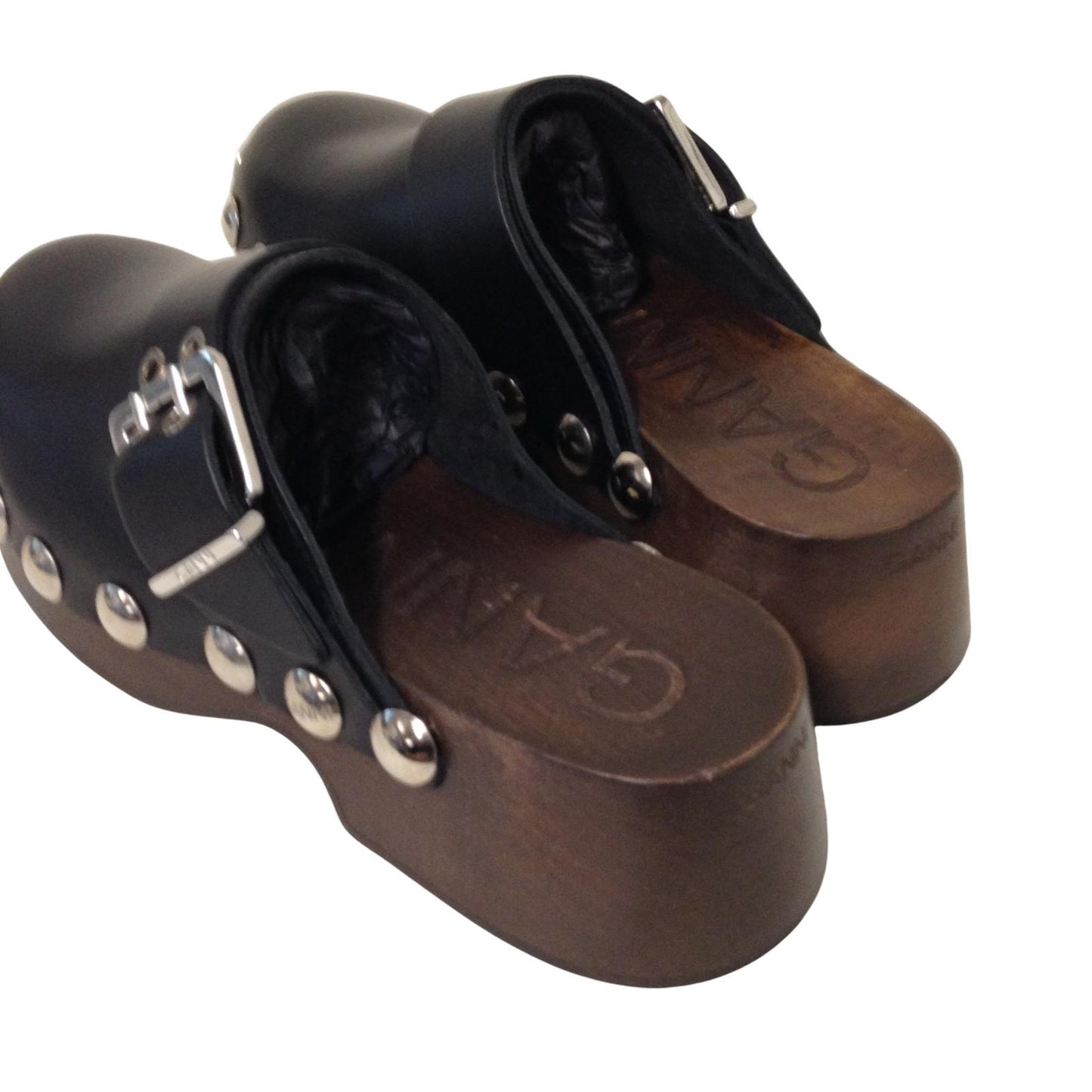 GANNI Studded Clog Flatform Black Leather Wooden Sole Shoe EU37 UK4 RRP295 BNIB