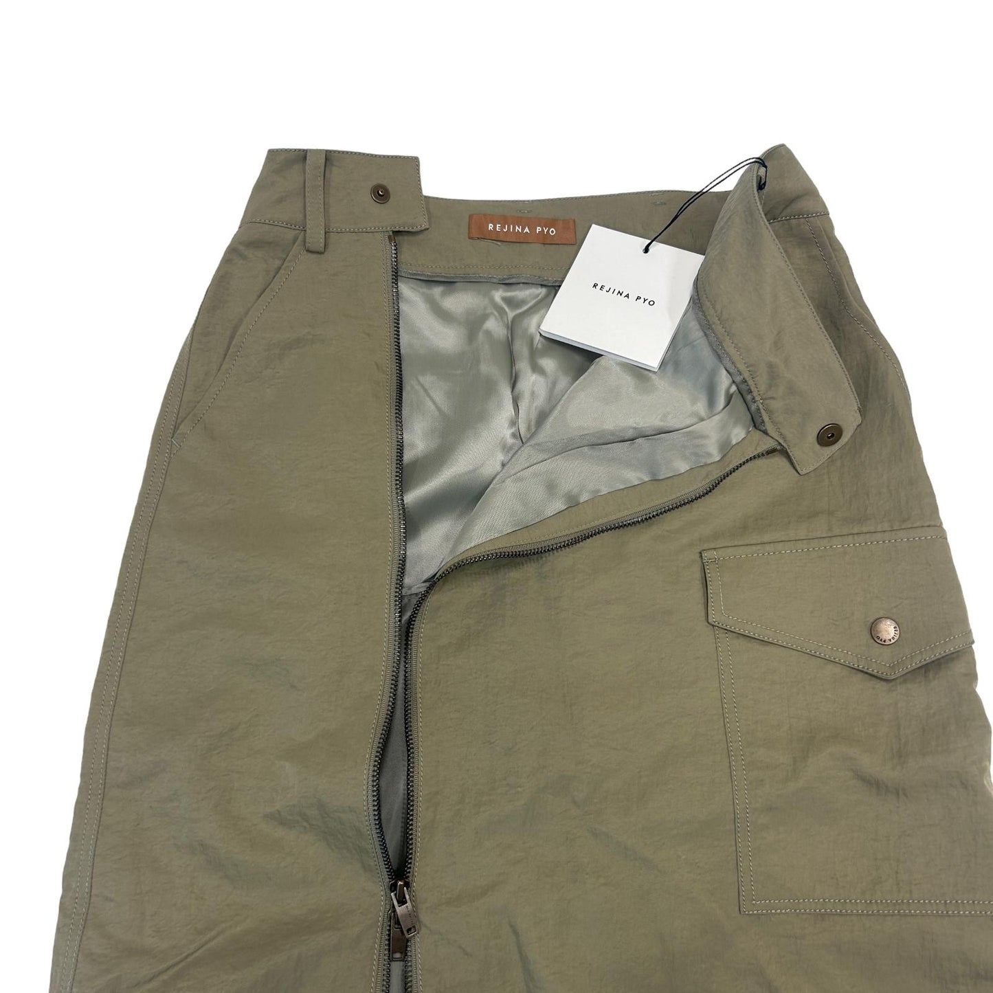 REJINA PYO Leah Zip Asymmetric Layered Midi Skirt Khaki Green UK6 RRP325 BNWT