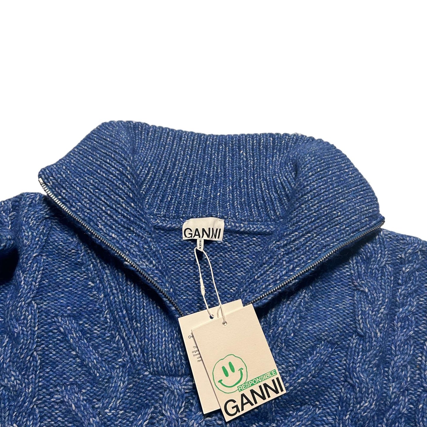 GANNI High Neck Long Sleeve Zip Ladies Cable Knit Sweater Blue XL NEW RRP 325