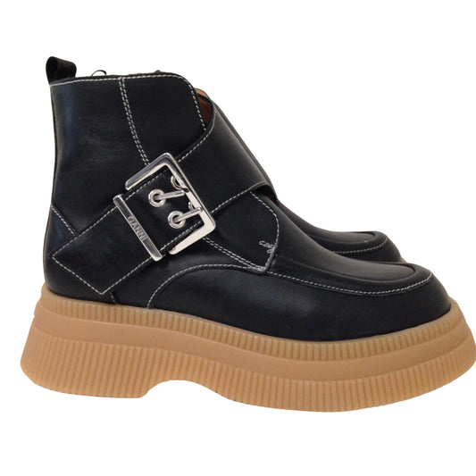 GANNI Ankle Boot Black Platform Gum Buckle Leather Shoe Ladies UK6 NEW RRP 375