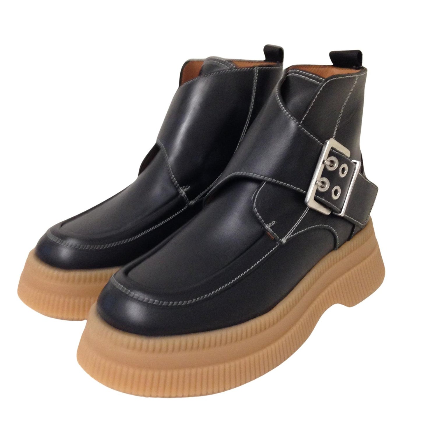 GANNI Ankle Boot Black Platform Gum Buckle Leather Shoe Ladies UK6 NEW RRP 375