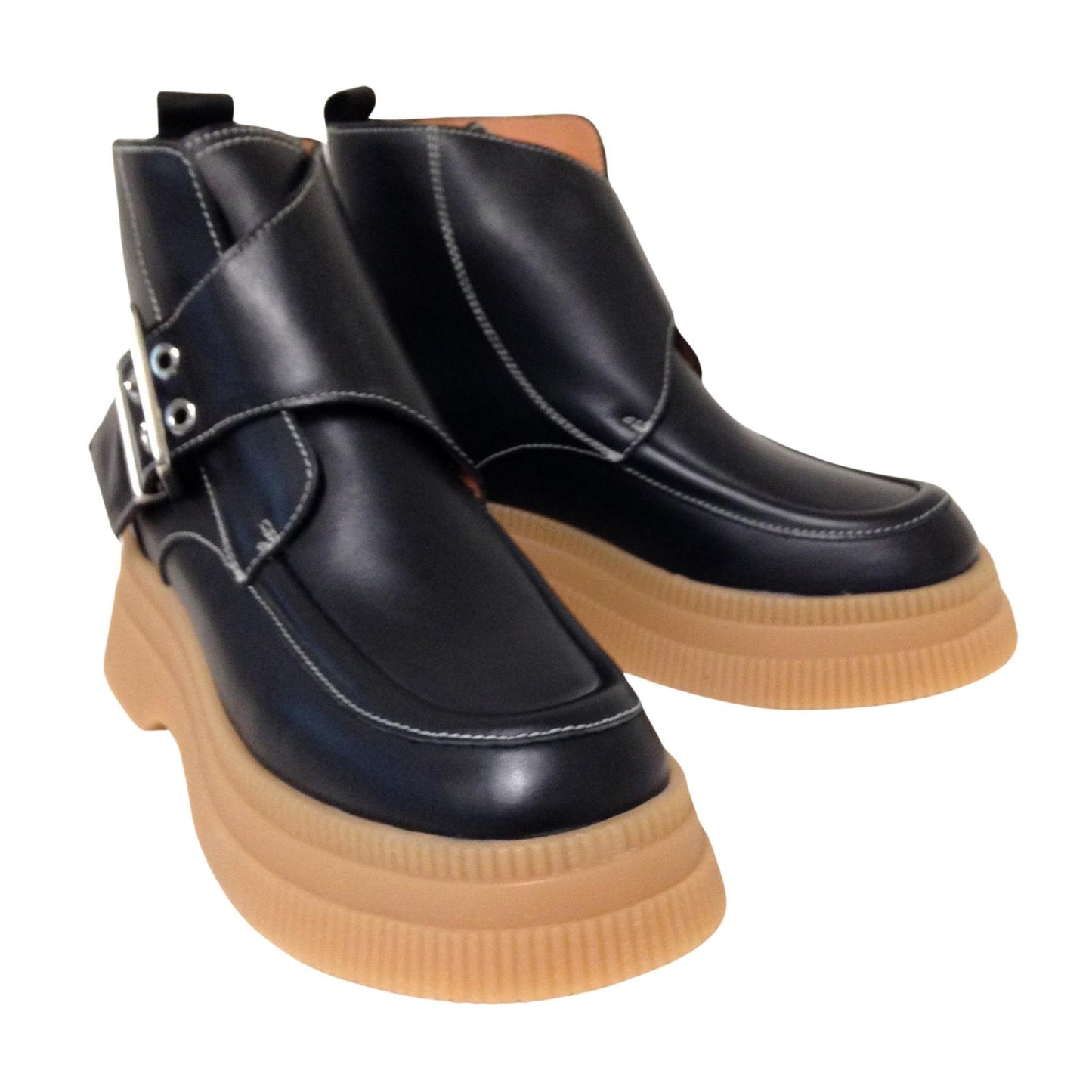 GANNI Ankle Boot Black Platform Gum Buckle Leather Shoe Ladies UK5 NEW RRP 375