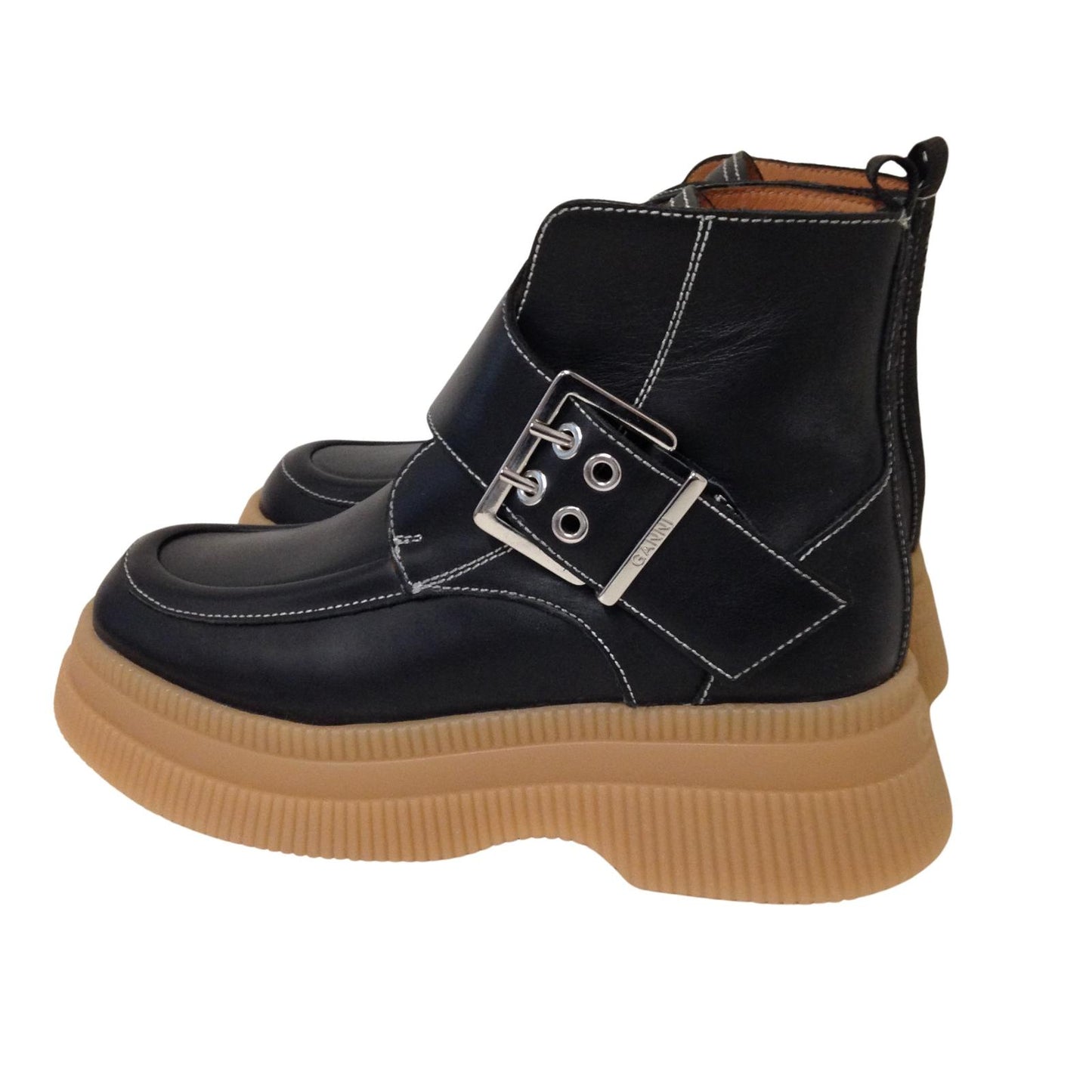 GANNI Ankle Boot Black Platform Gum Buckle Leather Shoe Ladies UK5 NEW RRP 375