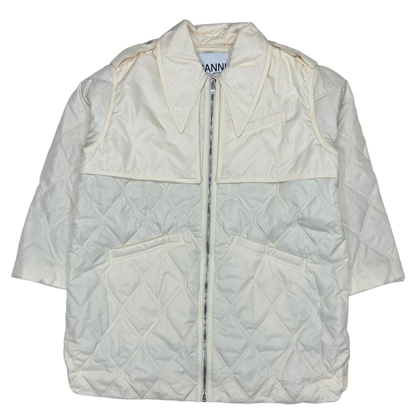 GANNI Spike Collar Zip Renylon Quilt Oversize Jacket White UK14 NEW RRP 315
