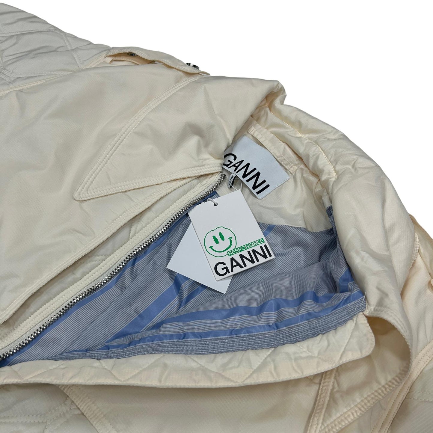 GANNI Spike Collar Zip Renylon Quilt Oversize Jacket White UK14 NEW RRP 315