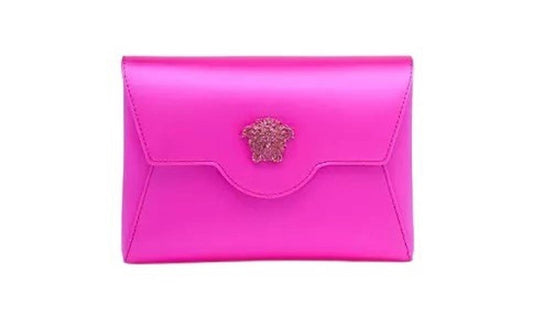 VERSACE Ladies Pink Satin Gold Chain Medusa Crystal Mini Envelope Clutch Bag NEW