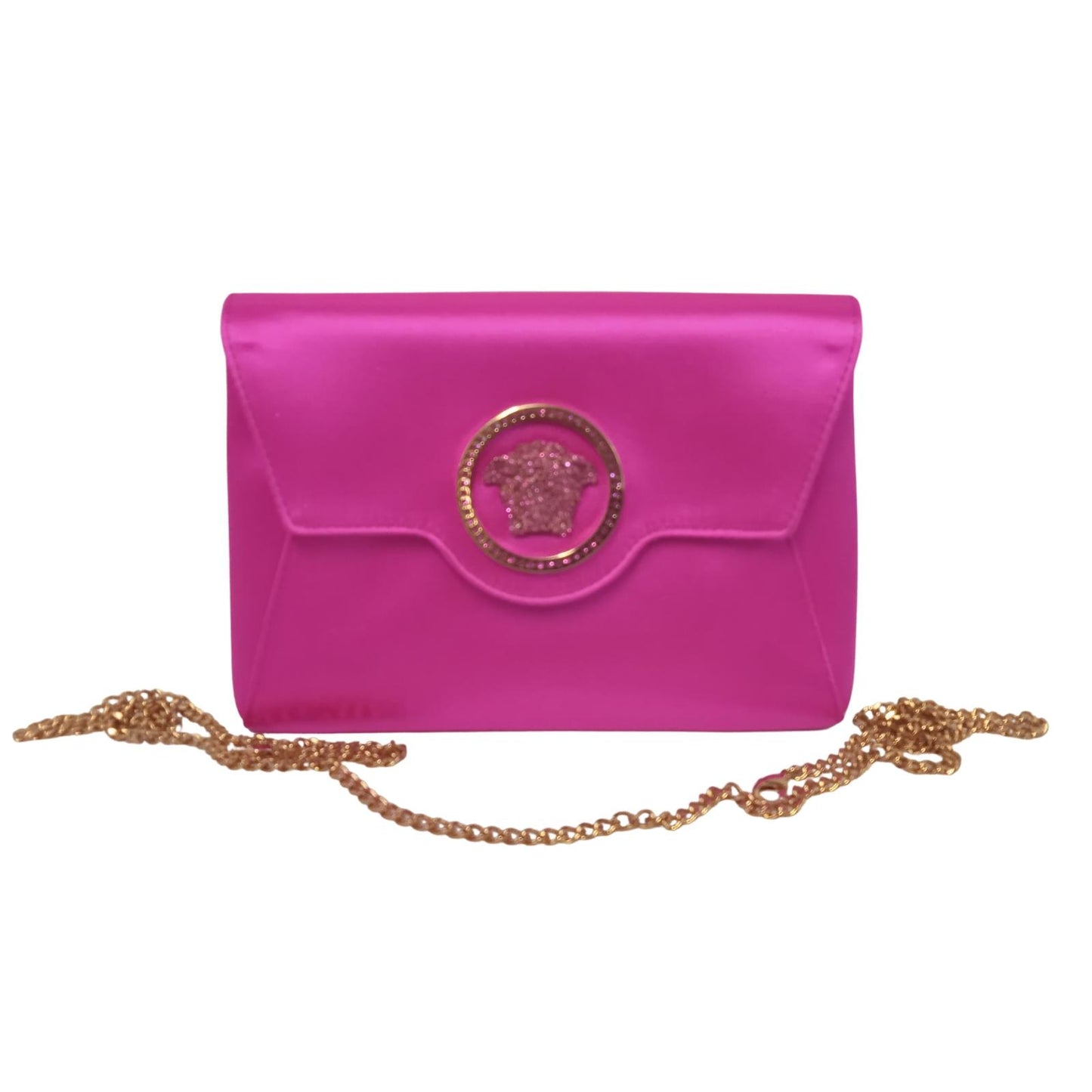 VERSACE Ladies Pink Satin Gold Chain Medusa Crystal Mini Envelope Clutch Bag NEW