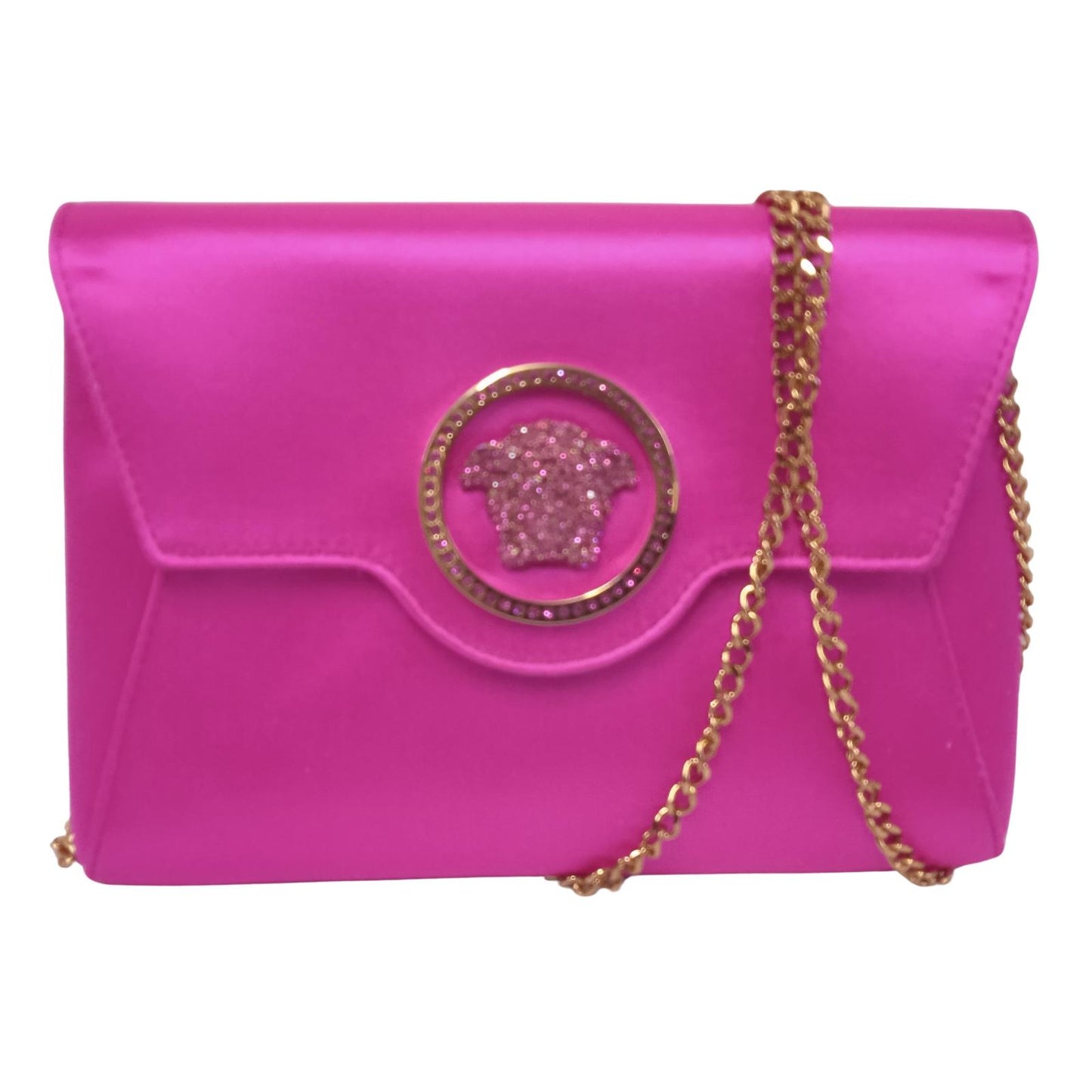 VERSACE Ladies Pink Satin Gold Chain Medusa Crystal Mini Envelope Clutch Bag NEW