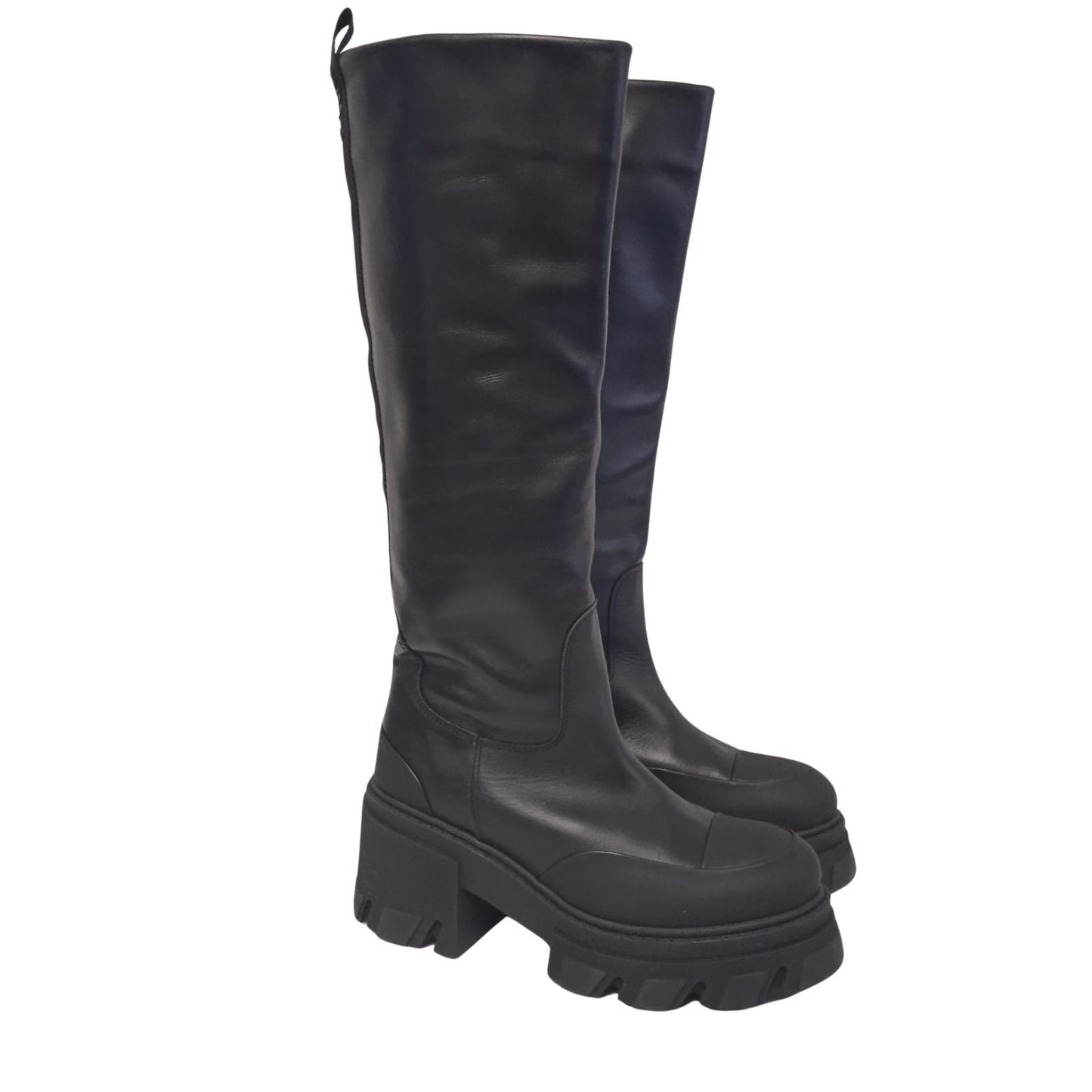 GANNI Ladies Black Leather Heeled Tubular Knee High Boots EU37 UK4 NEW