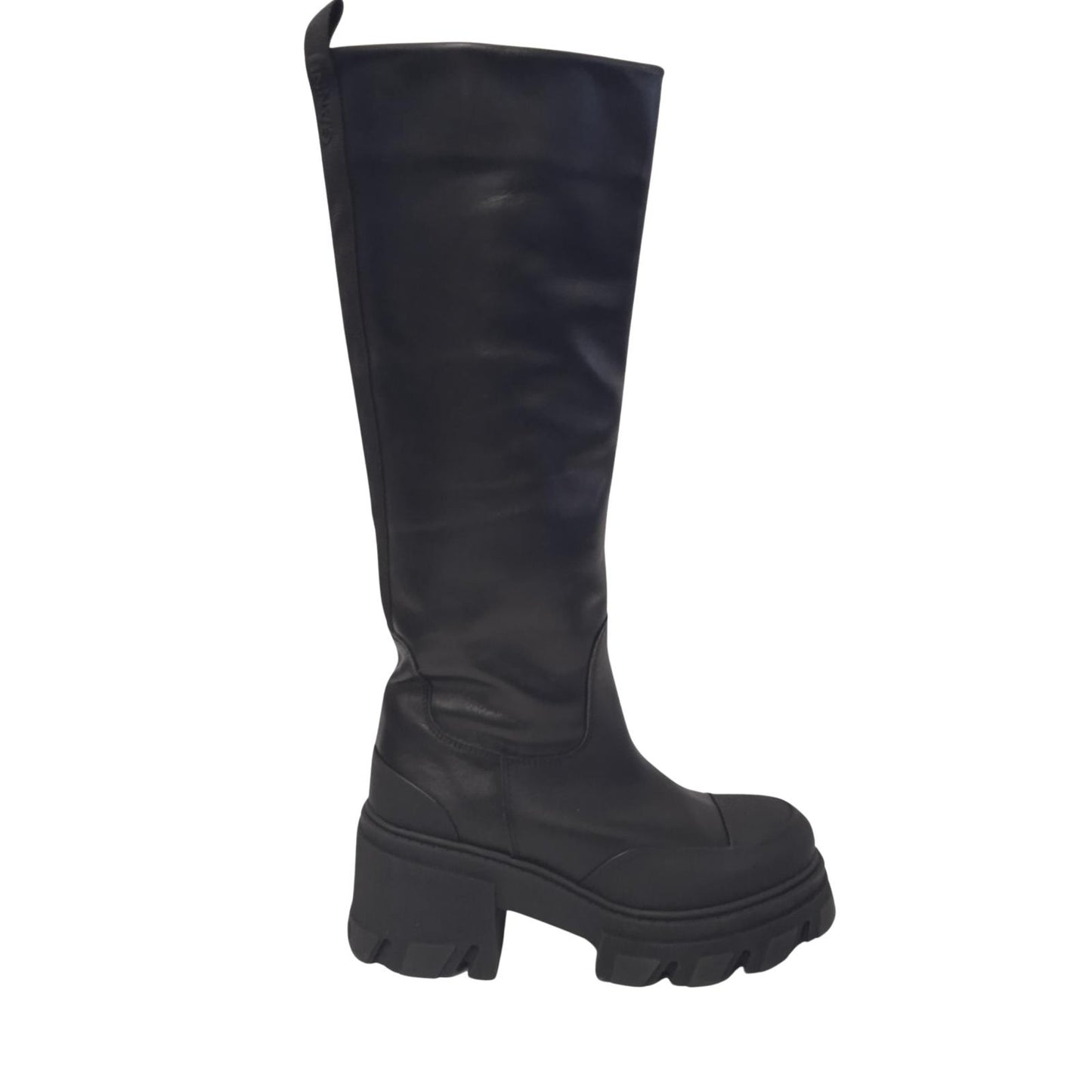 GANNI Ladies Black Leather Heeled Tubular Knee High Boots EU37 UK4 NEW