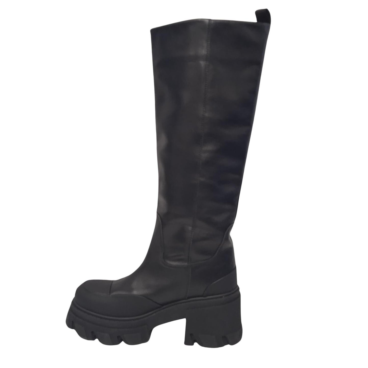 GANNI Ladies Black Leather Heeled Tubular Knee High Boots EU37 UK4 NEW