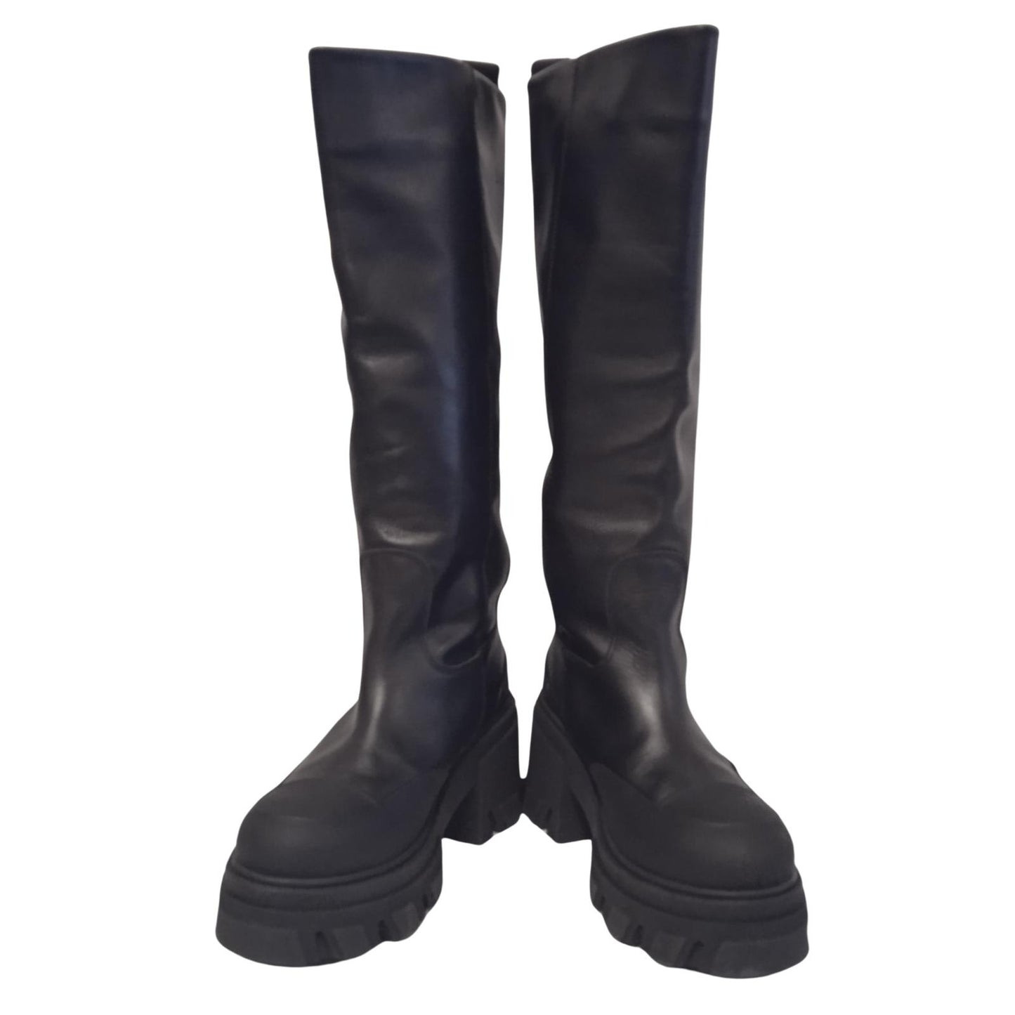 GANNI Ladies Black Leather Heeled Tubular Knee High Boots EU37 UK4 NEW
