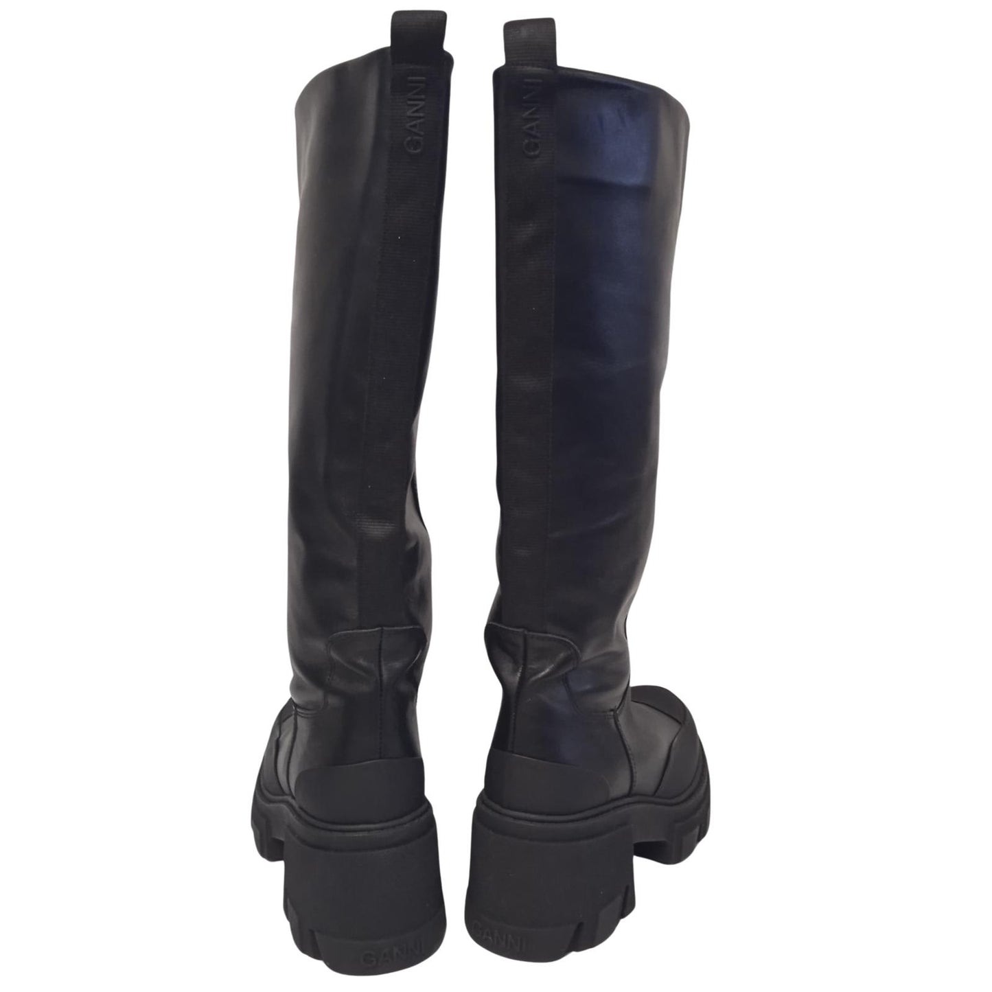 GANNI Ladies Black Leather Heeled Tubular Knee High Boots EU37 UK4 NEW