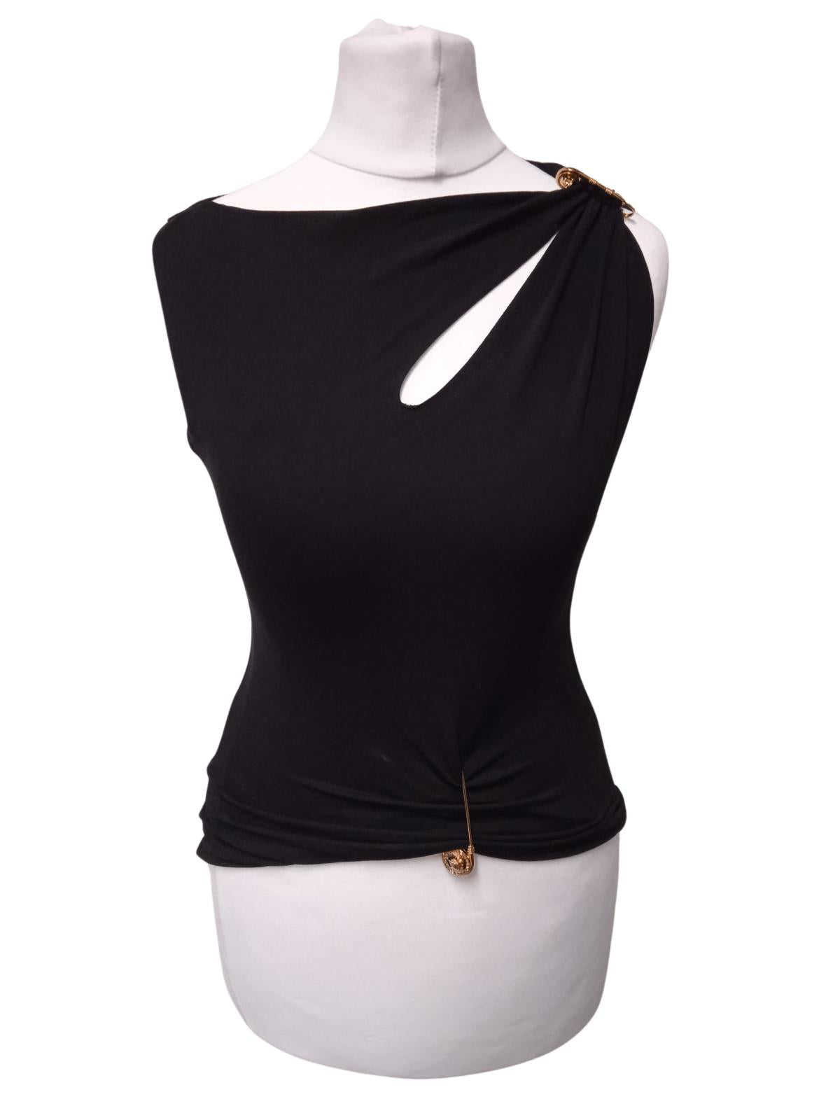VERSACE Ladies Black Sleeveless Ruched Safety Pin Detail Top IT40 UK8 NEW