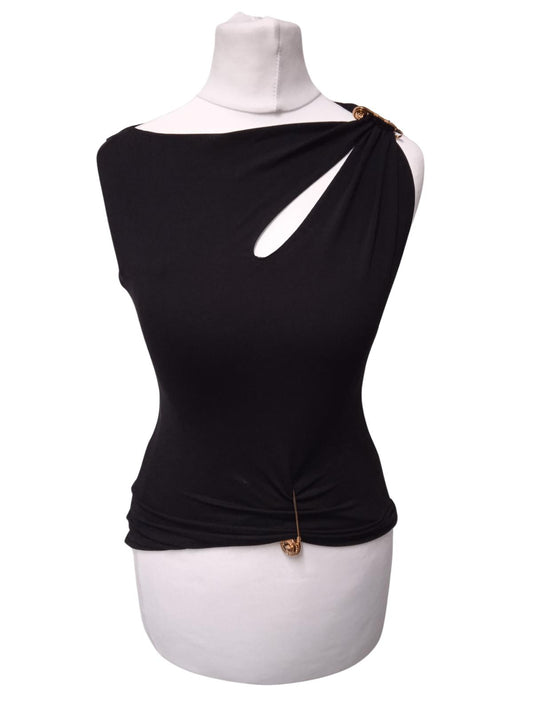 VERSACE Ladies Black Sleeveless Ruched Safety Pin Detail Top IT40 UK8 NEW