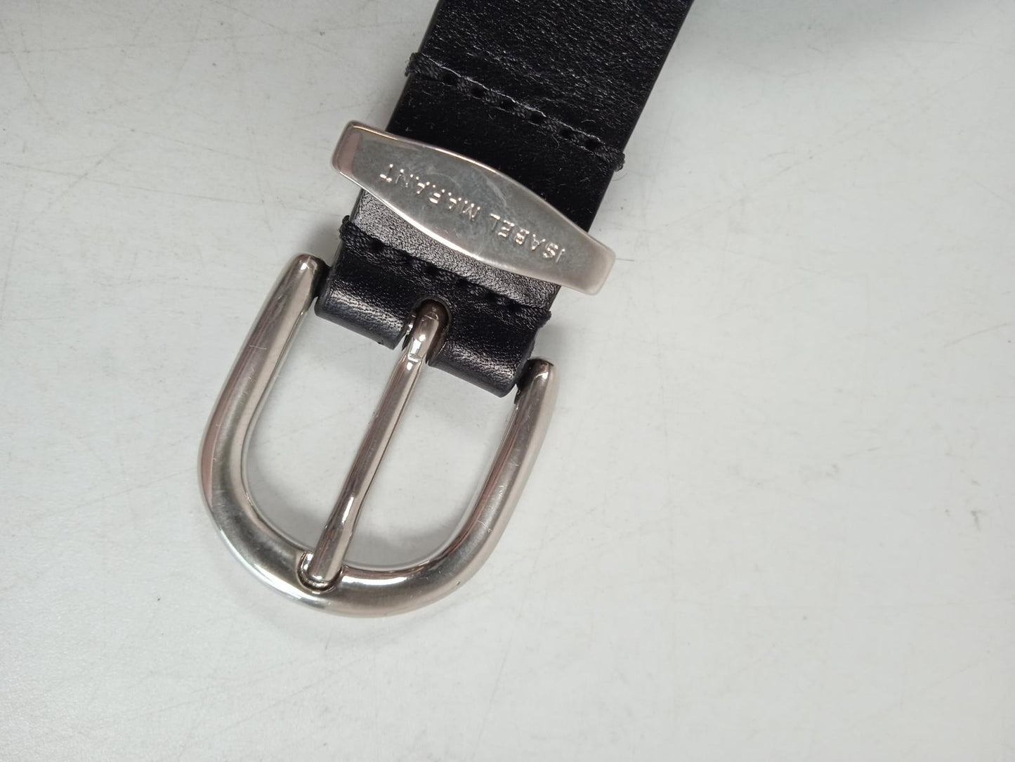 ISABEL MARANET Ladies Black Leather Silver Buckle Thin Zadd Belt Size 85 NEW