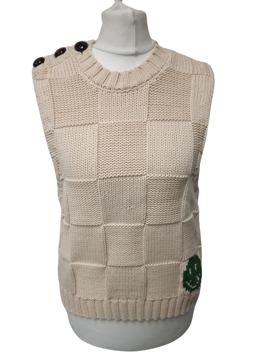 GANNI Ladies Beige Cotton Blend Smiley Face Fitted Sweater Vest Size XS NEW
