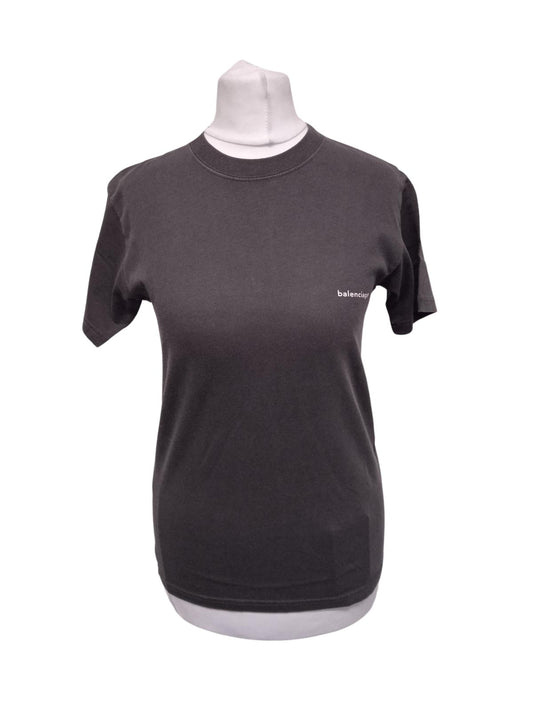 BALENCIAGA Ladies Washed Grey Cotton Archetype Copyright Logo T-Shirt XS NEW