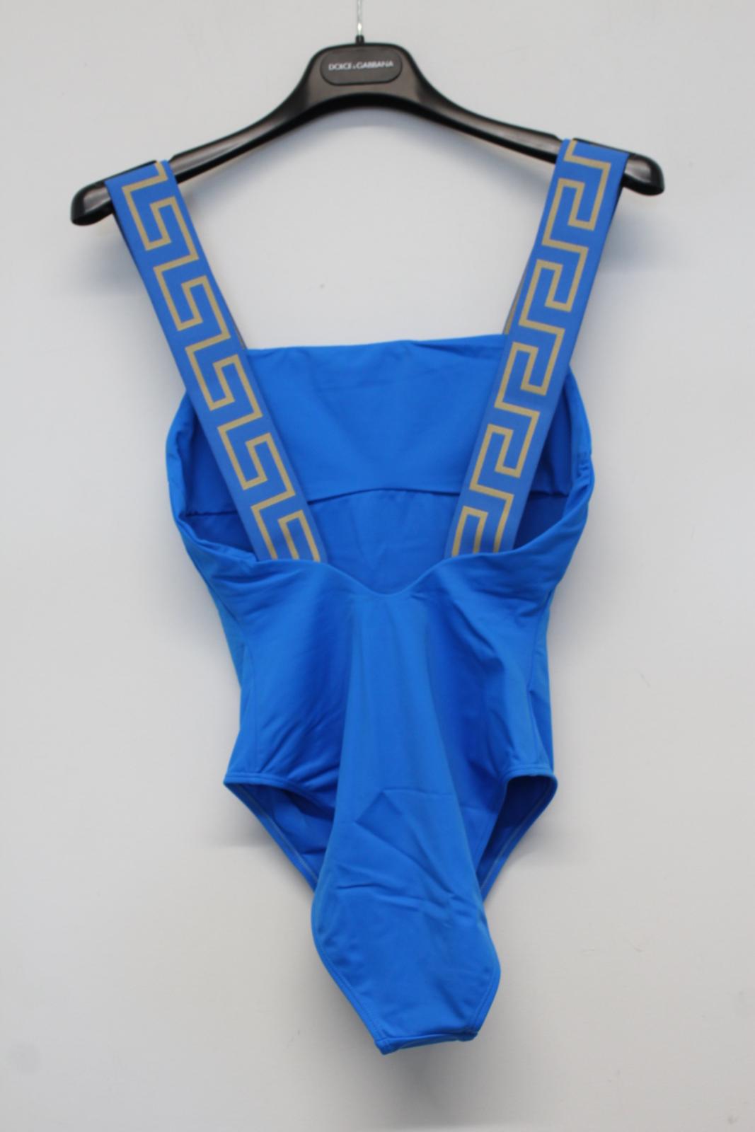 VERSACE Ladies Teal Blue Greca Strap Scoop Back One Piece Swimsuit 2/UK34 NEW